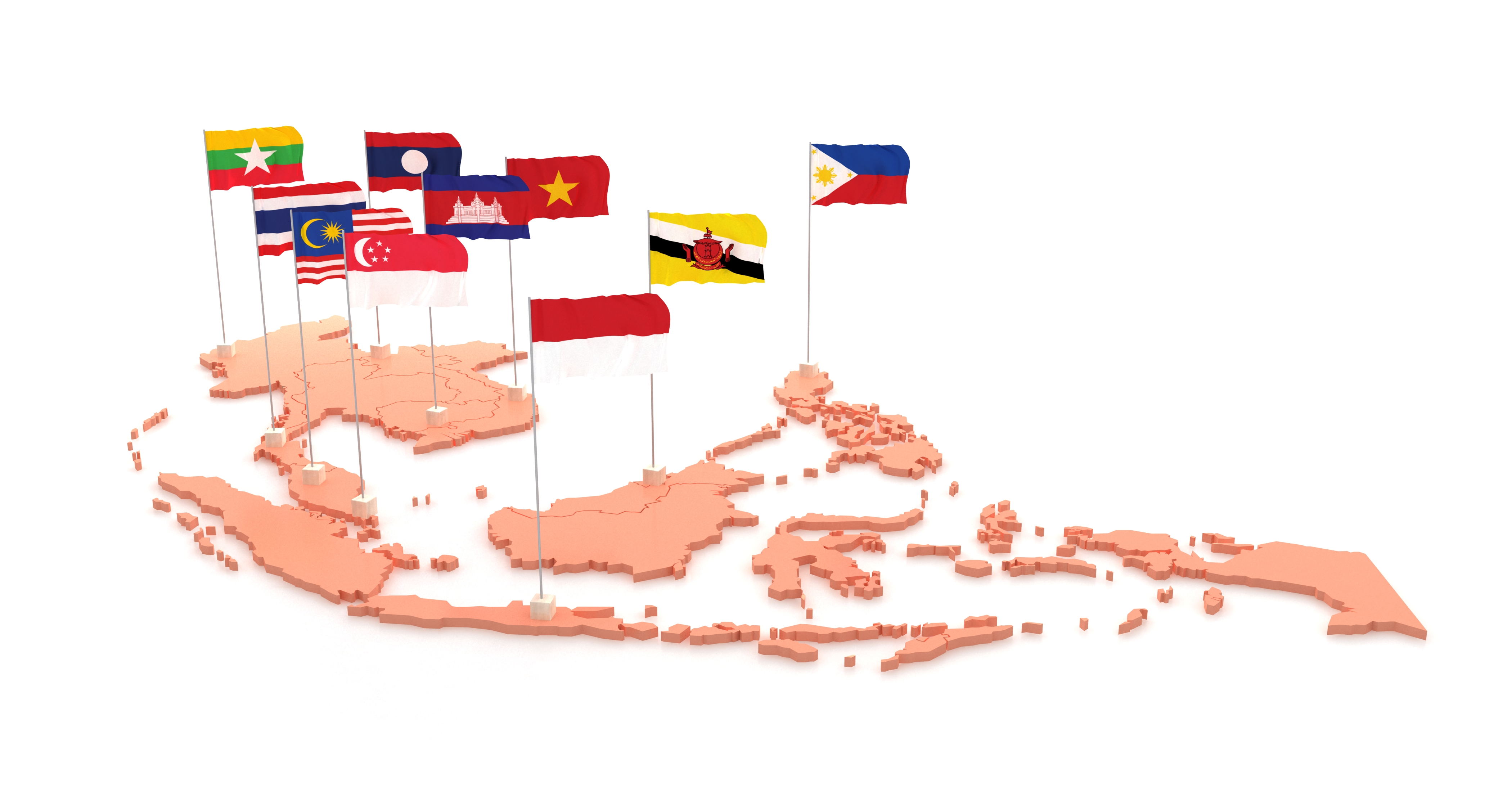 ASEAN union. ASEAN countries map and flag 3D illustrations on a white background.